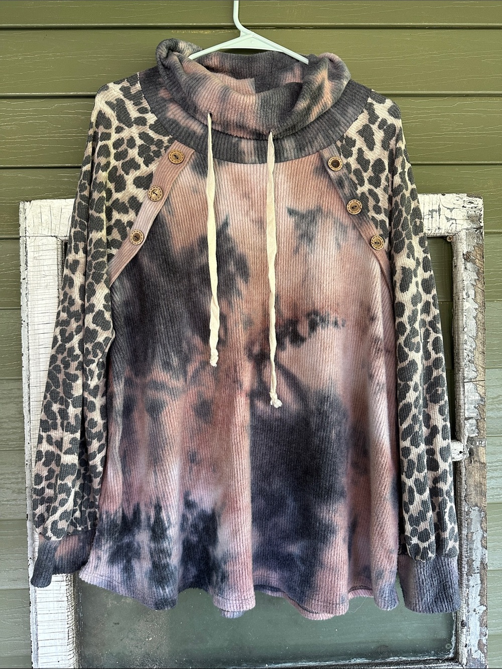 Leopard Print Tie Dye Waffle Knit Cowl Neck Button Detail Pullover Top